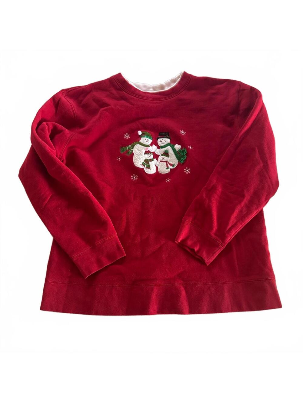 Vtg 90s Snowman Sweatshirt Womens Large Red Double Collar Grandmacore Holiday L